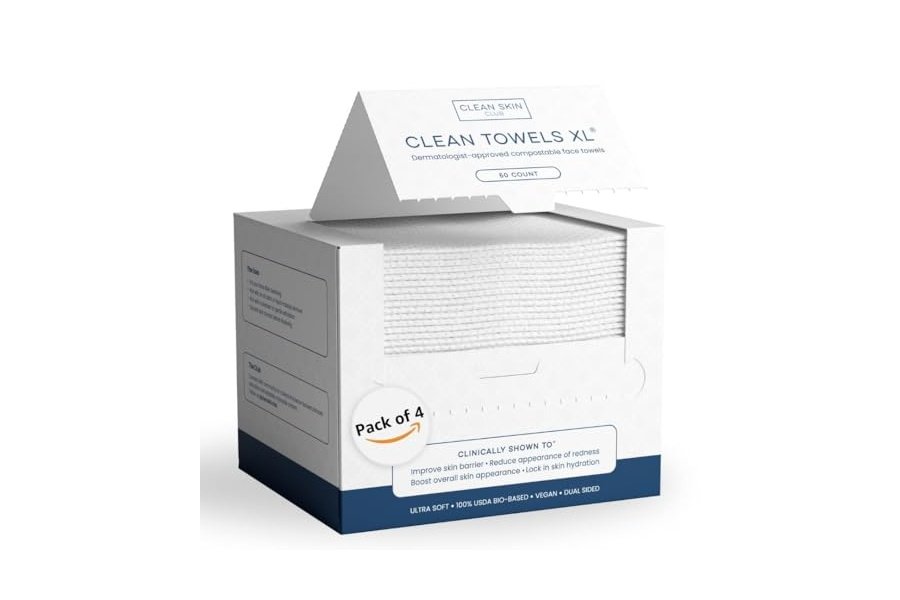 Clean Skin Club Clean Towels XL™, Toalla facial 100 % de origen biológico USDA, Toallita facial desechable, Aprobada por la Asociación para el Eccema, Toallitas secas desmaquillantes, Ultrasuaves, 200 unidades, Paquete de 4