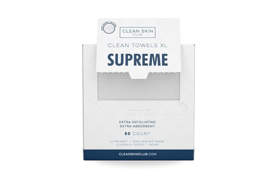Clean Skin Club Clean Towels XL™ Supreme, toalla facial 100 % de base biológica USDA, toallita facial desechable, aprobada por la Asociación para el Eccema, toallitas secas desmaquillantes, ultrasuaves, 50 unidades, 1 paquete