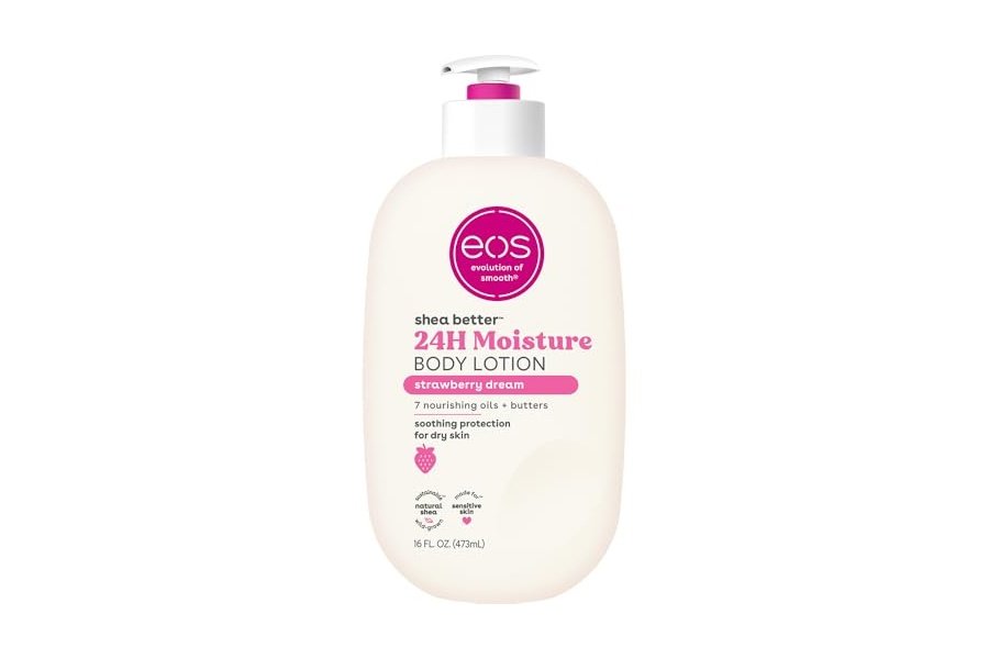 Loción corporal EOS Shea Better Body Lotion - Strawberry Dream, hidratación de 24 horas, ligera y no grasa, hecha con karité natural, vegana, 473 ml (16 onzas líquidas)