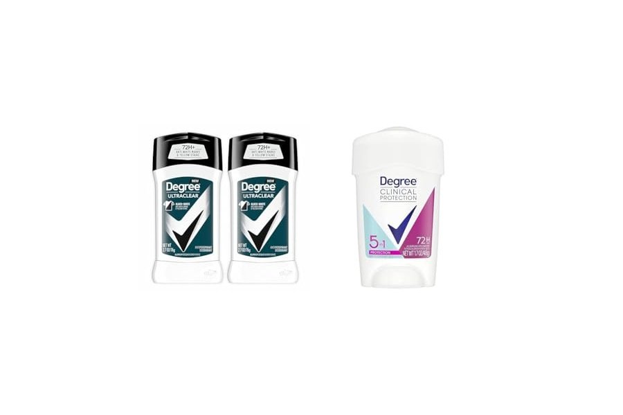 Desodorante antitranspirante Degree Men Negro + Blanco (2 unidades, 2.7 oz) y desodorante antitranspirante Degree Women Clinical Protection (1.7 oz)