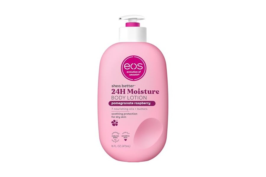 Loción corporal EOS Shea Better Body Lotion - Granada y Frambuesa, Hidratación 24 horas, Ligera y no grasa, Elaborada con karité natural, Vegana, 473 ml (16 onzas líquidas)