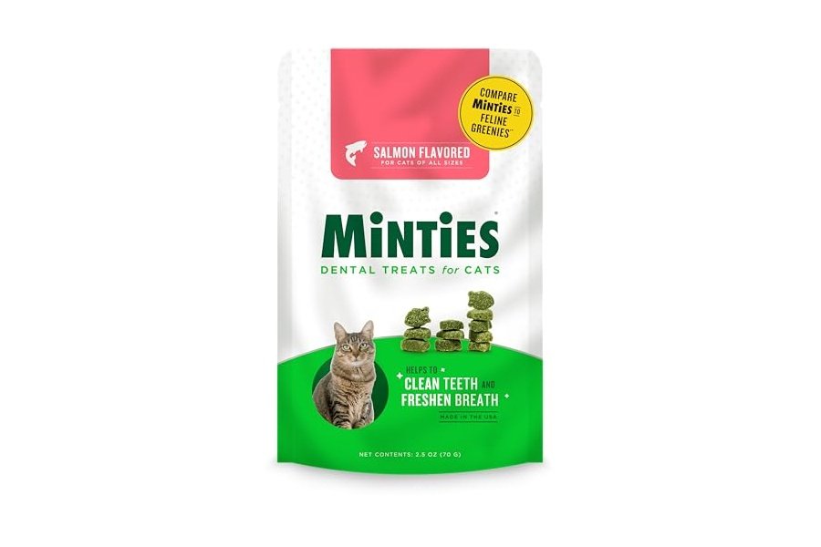 Premios dentales Minties para gatos, sabor a salmón, refrescan el aliento y controlan el sarro, 2.5 oz