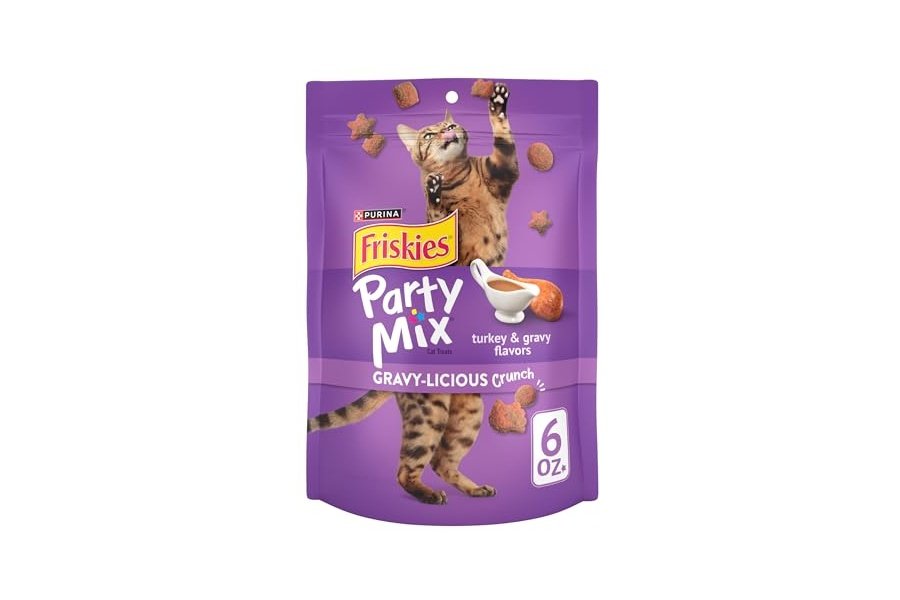 Premios para gatos Purina Friskies, mezcla para fiestas, sabor a pavo y salsa gravy-licious Crunch - (Paquete de 6) Bolsas de 177 g