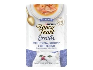 Alimento húmedo para gatos Purina Fancy Feast de ingredientes limitados, caldos con atún, camarones y pescado blanco - (Paquete de 16) Bolsas de 45 g