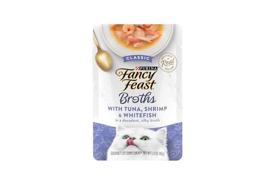 Alimento húmedo para gatos Purina Fancy Feast de ingredientes limitados, caldos con atún, camarones y pescado blanco - (Paquete de 16) Bolsas de 45 g