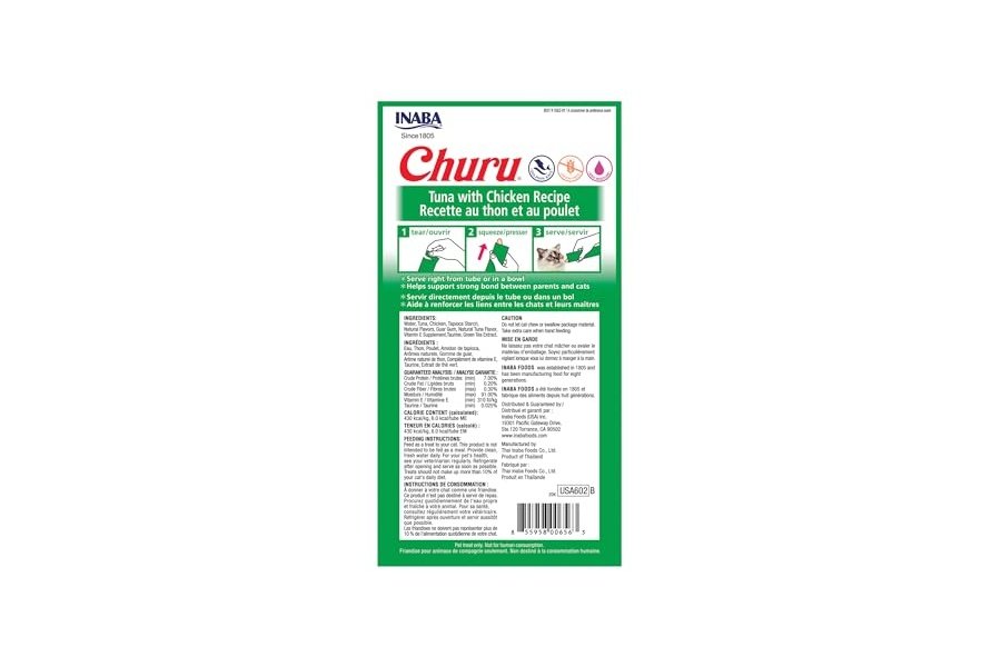 Galletas para gatos INABA Churu, sin cereales, para lamer y exprimible, puré cremoso con vitamina E y taurina, 14 g cada tubo, 24 tubos (4 por paquete), receta de atún con pollo - Image 3