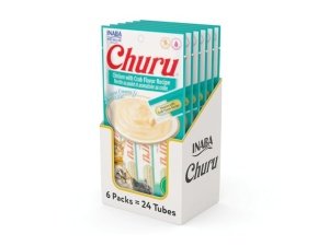 Galletas para gatos INABA Churu, sin cereales, para lamer y exprimibles, puré cremoso con vitamina E y taurina, 14 g cada tubo, 24 tubos (4 por paquete), receta de pollo con cangrejo