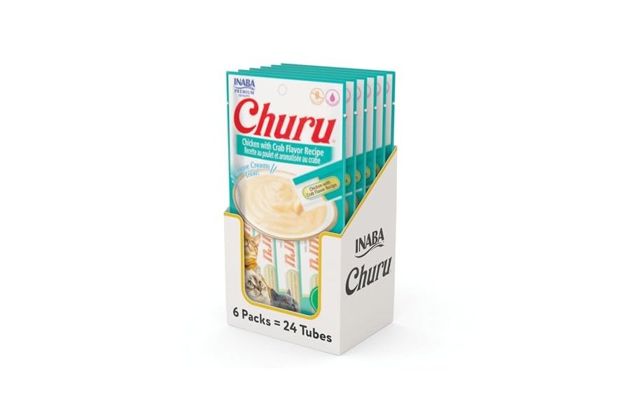 Galletas para gatos INABA Churu, sin cereales, para lamer y exprimibles, puré cremoso con vitamina E y taurina, 14 g cada tubo, 24 tubos (4 por paquete), receta de pollo con cangrejo
