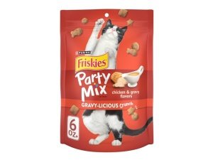 Premios para gatos Purina Friskies, mezcla para fiestas con salsa crujiente y deliciosos sabores de pollo y salsa - (Paquete de 6) Bolsas de 170 g