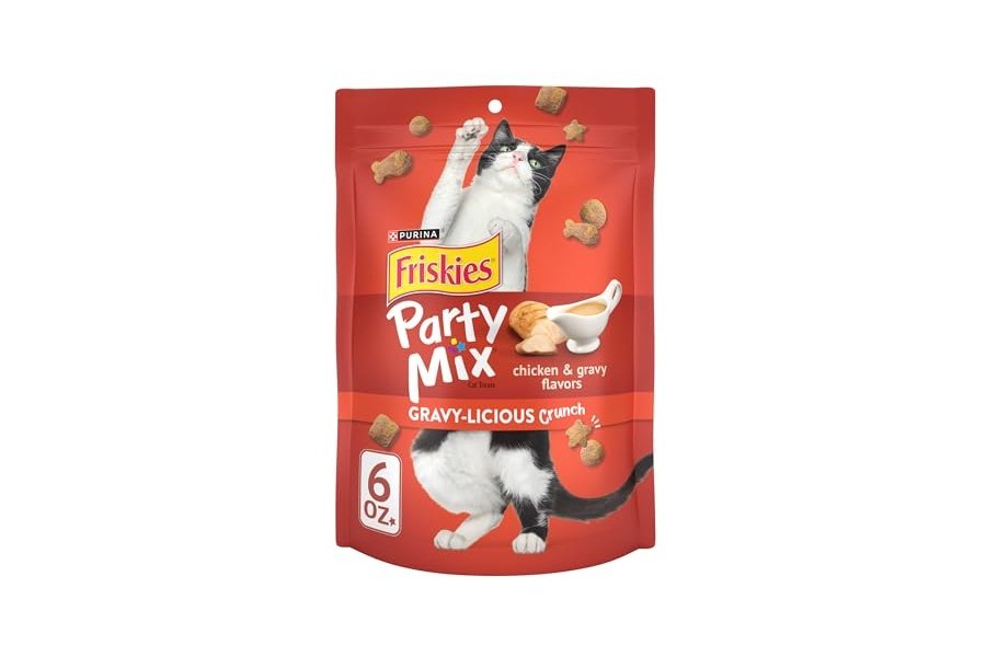 Premios para gatos Purina Friskies, mezcla para fiestas con salsa crujiente y deliciosos sabores de pollo y salsa - (Paquete de 6) Bolsas de 170 g