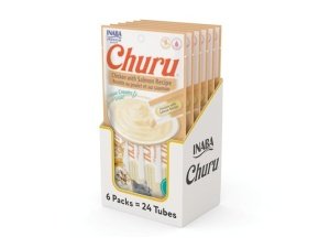 Galletas para gatos INABA Churu, sin cereales, para lamer y exprimibles, puré cremoso con vitamina E y taurina, 14 g cada tubo, 24 tubos (4 por paquete), receta de pollo con salmón