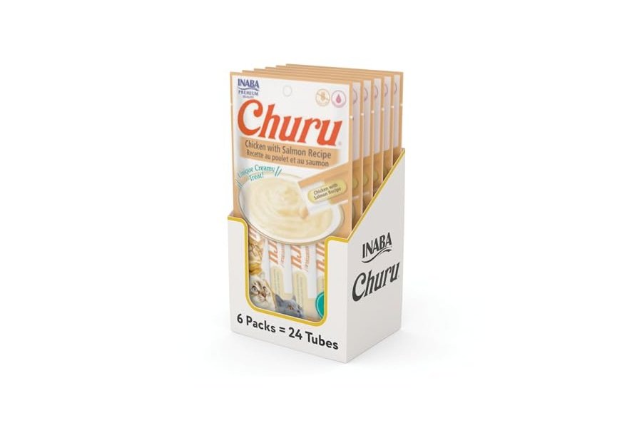 Galletas para gatos INABA Churu, sin cereales, para lamer y exprimibles, puré cremoso con vitamina E y taurina, 14 g cada tubo, 24 tubos (4 por paquete), receta de pollo con salmón