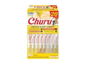 Galletas para gatos INABA Churu, sin cereales, para lamer y exprimibles, puré cremoso con vitamina E y taurina, 14 g cada tubo, 20 tubos, caja variada de pollo y ternera