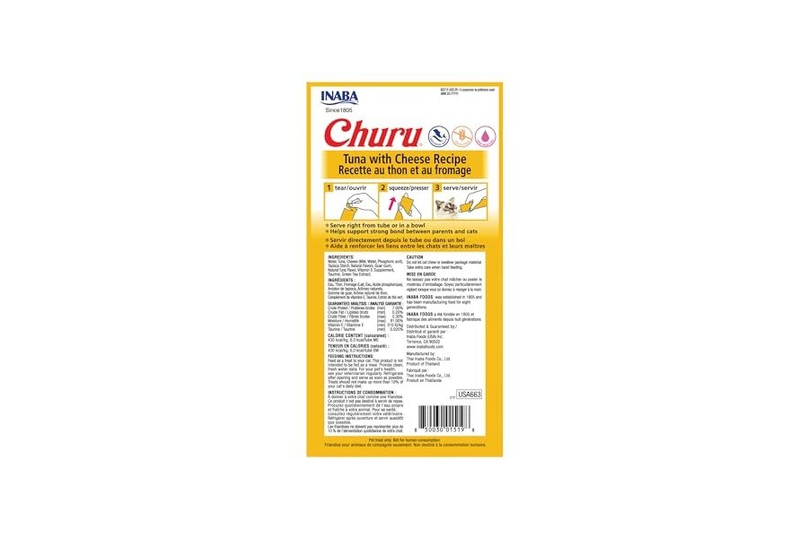Galletas para gatos INABA Churu, sin cereales, para lamer y exprimible, puré cremoso con vitamina E y taurina, 14 g cada tubo, 24 tubos (4 por paquete), receta de atún con queso - Image 2