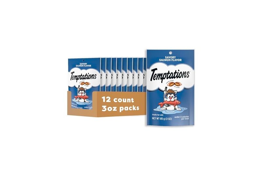 Premios Temptations Classic Crujientes y Suaves para Gatos con Sabor a Salmón, Bolsa de 85 g (Paquete de 12)