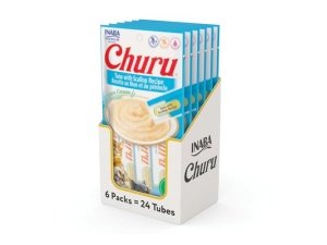 Galletas para gatos INABA Churu, sin cereales, para lamer y exprimible, puré cremoso con vitamina E y taurina, 14 g cada tubo, 24 tubos (4 por paquete), receta de atún con vieiras