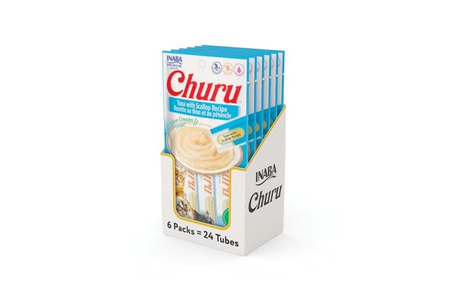 Galletas para gatos INABA Churu, sin cereales, para lamer y exprimible, puré cremoso con vitamina E y taurina, 14 g cada tubo, 24 tubos (4 por paquete), receta de atún con vieiras