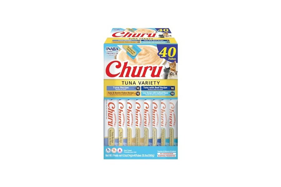 Galletas para gatos INABA Churu, sin cereales, para lamer y exprimibles, puré cremoso con vitamina E y taurina, 14 g cada tubo, 40 tubos, caja variada de atún
