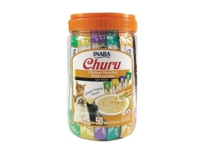 Galletas para gatos INABA Churu, sin cereales, para lamer y exprimibles, puré cremoso con vitamina E y taurina, 14 g cada tubo, 50 tubos, variedad de pollo
