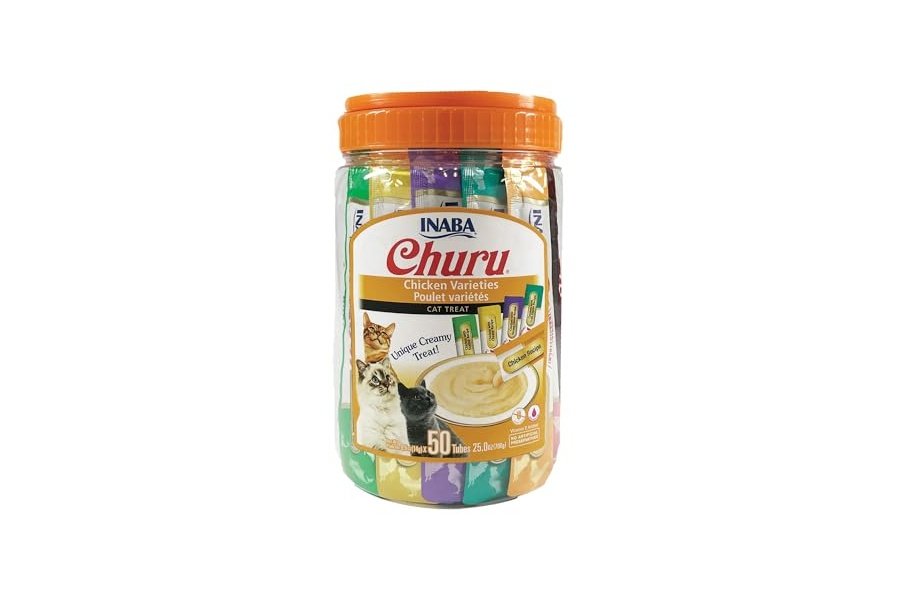Galletas para gatos INABA Churu, sin cereales, para lamer y exprimibles, puré cremoso con vitamina E y taurina, 14 g cada tubo, 50 tubos, variedad de pollo