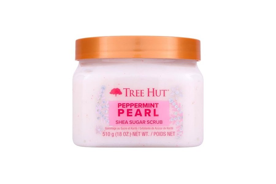 Exfoliante corporal exfoliante con perla de menta y azúcar de karité de Tree Hut | Elimina la piel muerta y seca para una sensación suave e hidratada | Edición limitada para las fiestas | Cuidado corporal esencial nutritivo | 18 fl oz.