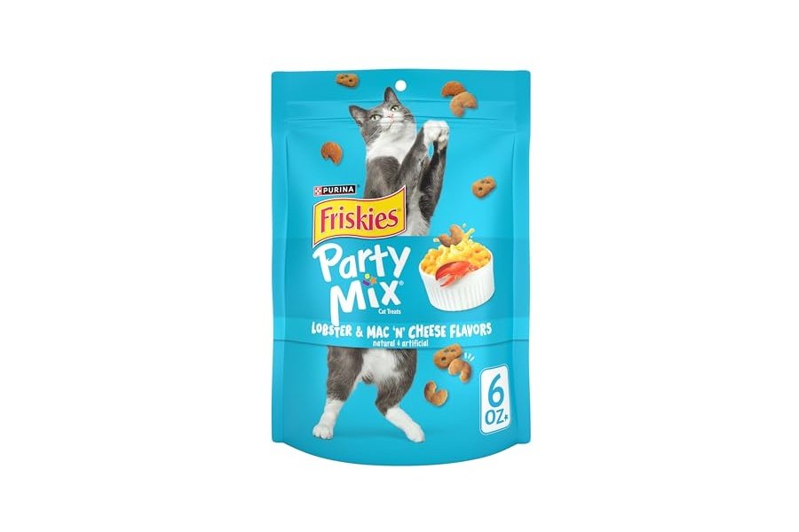 Premios para gatos Purina Friskies, mezcla para fiestas con sabores de langosta y macarrones con queso - (Paquete de 6) Bolsas de 170 g