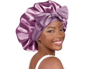 YANIBEST - Gorro de seda para dormir para mujer, gorro de satén de doble capa con forro de satén y banda para atar, para cabello rizado, color morado