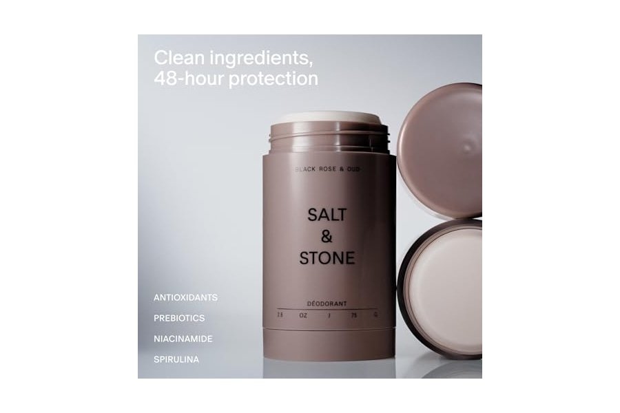 Desodorante SALT & STONE | Desodorante natural extrafuerte para mujeres y hombres | Sin aluminio, con extractos de algas, manteca de karité y probióticos (Rosa negra y oud - 77 ml) - Image 2