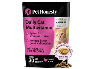 Multivitamínicos masticables crujientes y cremosos para gatos Pet Honesty: premios para la salud, el sistema inmunitario, las articulaciones, la piel, el pelaje y la digestión. Vitaminas con omega 3, lisina y probióticos (suministro para 30 días).