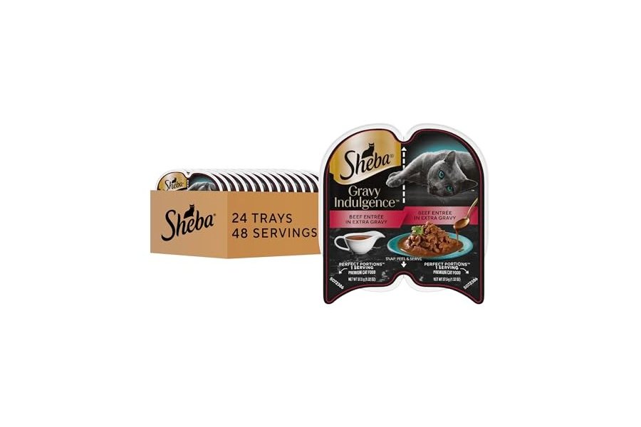 Comida húmeda para gatos adultos Sheba Gravy Indulgence, entrada de carne de res con salsa extra, bandejas dobles de 77 g (24 unidades, 48 ​​porciones)