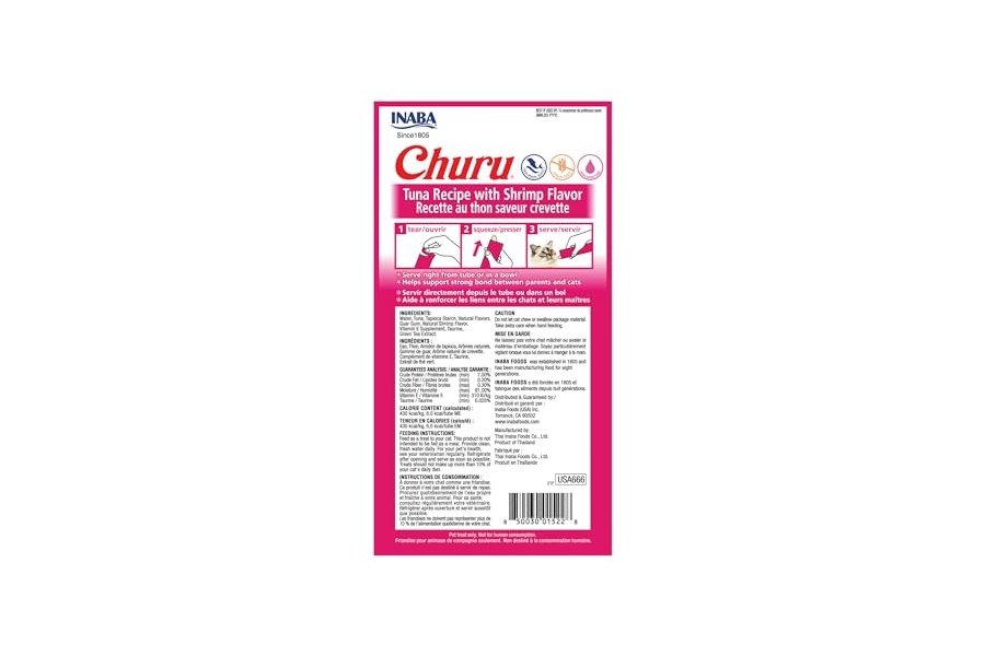 Galletas para gatos INABA Churu, sin cereales, para lamer y exprimible, puré cremoso con vitamina E y taurina, 14 g cada tubo, 24 tubos (4 por paquete), receta de atún con sabor a camarones - Image 2