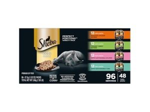 Alimento húmedo para gatos Sheba Perfect Portions Cuts in Gravy, paquete variado, con pollo asado, pavo tierno, salmón sostenible y atún sostenible, bandejas de 75 g (48 unidades, 96 porciones)