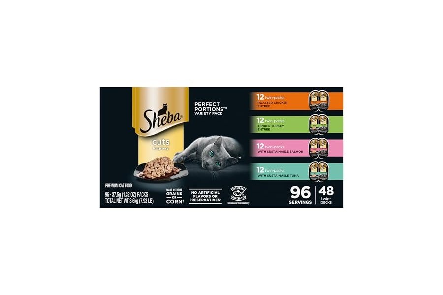 Alimento húmedo para gatos Sheba Perfect Portions Cuts in Gravy, paquete variado, con pollo asado, pavo tierno, salmón sostenible y atún sostenible, bandejas de 75 g (48 unidades, 96 porciones)