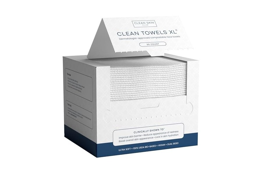 Clean Skin Club Clean Towels XL™, Toalla facial 100 % biobasada por el USDA, Toallita facial desechable, Aprobada por la Asociación de Eccema, Toallitas secas desmaquillantes, Ultrasuaves, 50 unidades, 1 paquete