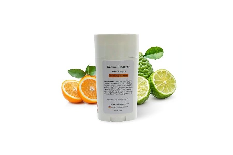 Desodorante de sebo extrafuerte Primal Essence del Dr. Dave - Sin aluminio, con bicarbonato de sodio, cera de abejas, aceite de coco y manteca de mango - Naranja dulce y bergamota - Image 2