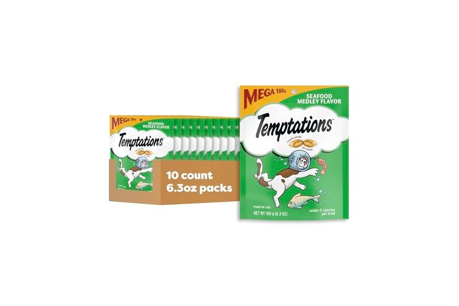 Premios Temptations Classic Crujientes y Suaves para Gatos con Sabor a Mariscos, Bolsa de 170 g (Paquete de 10)