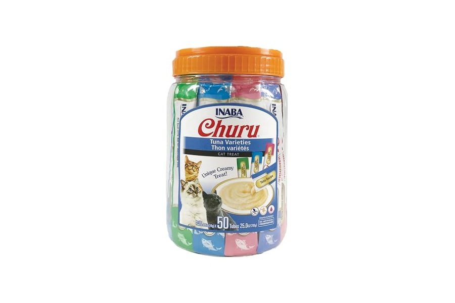 Galletas para gatos INABA Churu, sin cereales, para lamer y exprimibles, puré cremoso con vitamina E y taurina, 14 g cada tubo, 50 tubos, variedad de atún