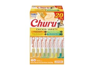 INABA Churu - Premios para gatos, puré cremoso para lamer y apretar, con extracto de té verde y taurina, 14 g cada tubo, 20 tubos, caja variada con pollo
