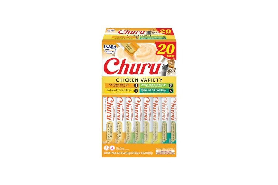 INABA Churu - Premios para gatos, puré cremoso para lamer y apretar, con extracto de té verde y taurina, 14 g cada tubo, 20 tubos, caja variada con pollo