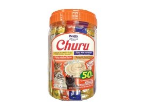 Galletas para gatos INABA Churu, sin cereales, para lamer y exprimibles, puré cremoso con vitamina E y taurina, 14 g cada tubo, 50 tubos, variedad de carne y queso