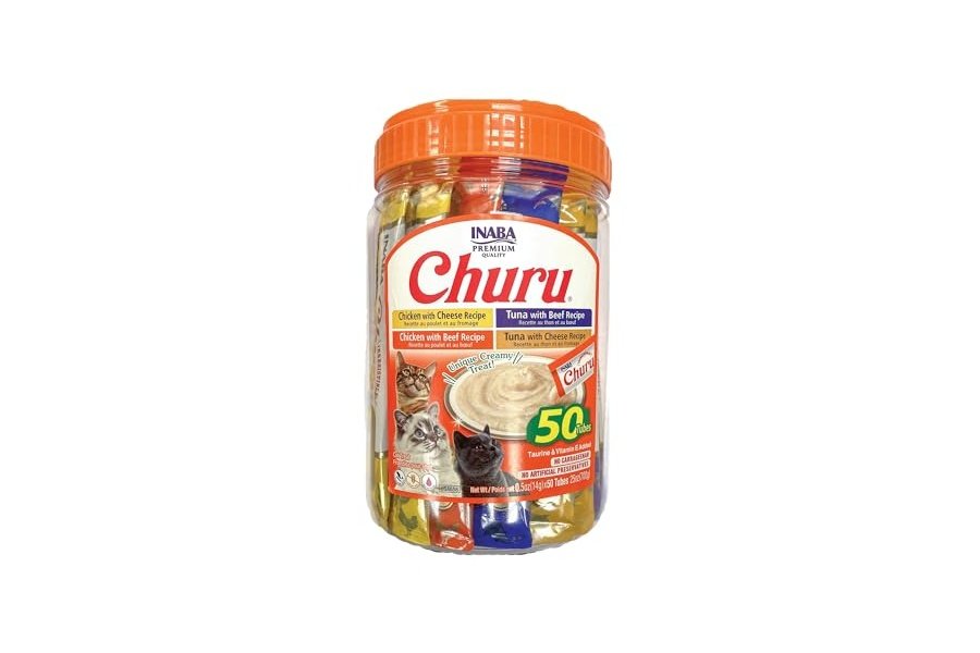 Galletas para gatos INABA Churu, sin cereales, para lamer y exprimibles, puré cremoso con vitamina E y taurina, 14 g cada tubo, 50 tubos, variedad de carne y queso