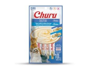 Galletas para gatos INABA Churu, sin cereales, para lamer y exprimibles, puré cremoso con vitamina E y taurina, 14 g cada tubo, 10 tubos en total/dos sabores, variedad de atún