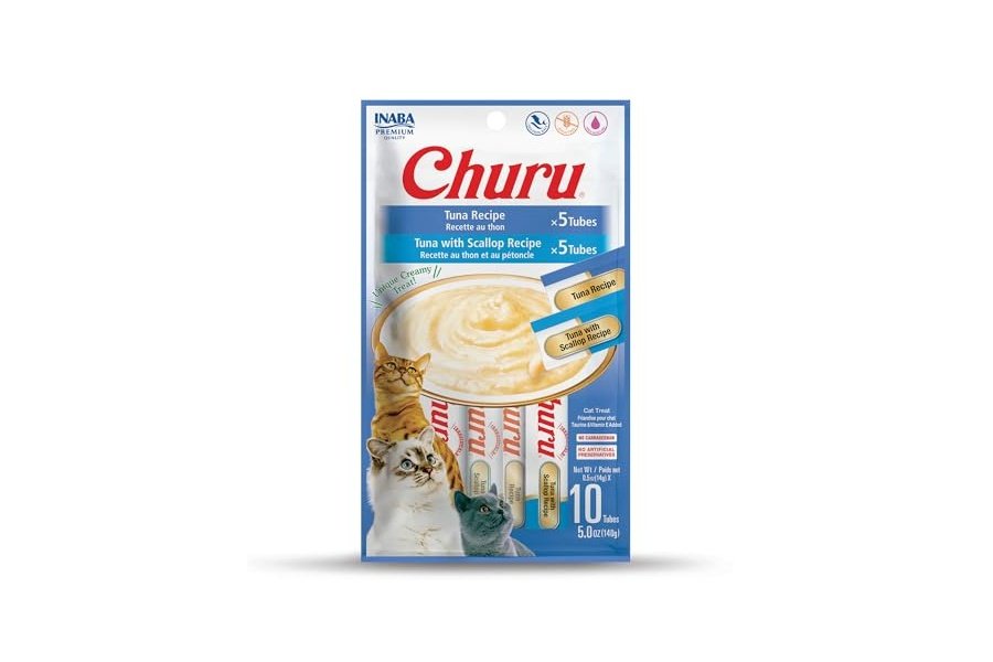 Galletas para gatos INABA Churu, sin cereales, para lamer y exprimibles, puré cremoso con vitamina E y taurina, 14 g cada tubo, 10 tubos en total/dos sabores, variedad de atún