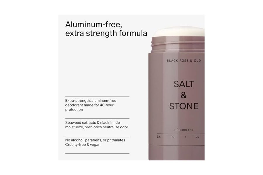 Desodorante SALT & STONE | Desodorante natural extrafuerte para mujeres y hombres | Sin aluminio, con extractos de algas, manteca de karité y probióticos (Rosa negra y oud - 77 ml) - Image 5