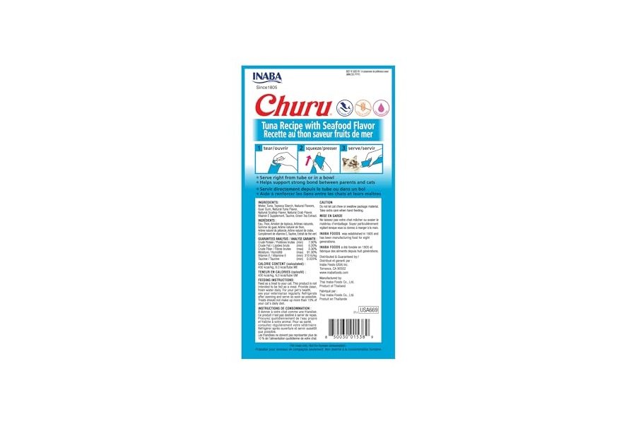 Galletas para gatos INABA Churu, sin cereales, para lamer y exprimibles, puré cremoso con vitamina E y taurina, 14 g cada tubo, 24 tubos (4 por paquete), receta de atún con sabor a mariscos - Image 2