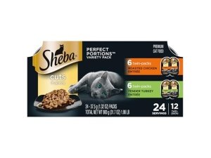 Comida húmeda para gatos Sheba Perfect Portions, paquete variado de cortes en salsa, pollo asado y pavo tierno, bandejas dobles de 75 g (12 unidades, 24 porciones)
