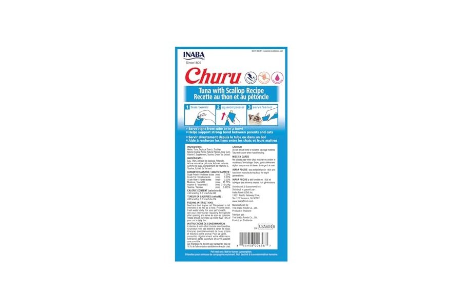 Galletas para gatos INABA Churu, sin cereales, para lamer y exprimible, puré cremoso con vitamina E y taurina, 14 g cada tubo, 24 tubos (4 por paquete), receta de atún con vieiras - Image 3