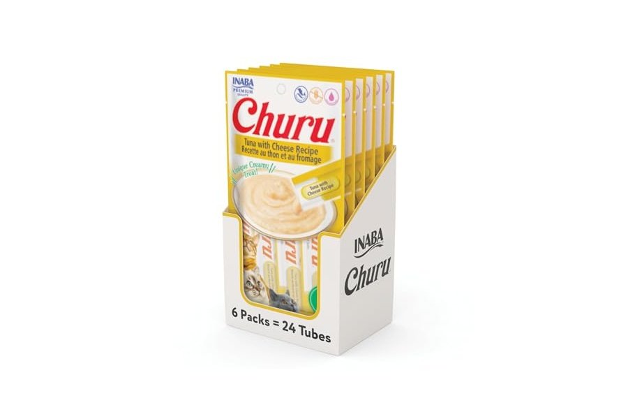Galletas para gatos INABA Churu, sin cereales, para lamer y exprimible, puré cremoso con vitamina E y taurina, 14 g cada tubo, 24 tubos (4 por paquete), receta de atún con queso