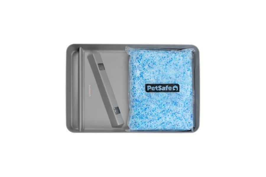 Bandeja reutilizable oficial de acero inoxidable ScoopFree de PetSafe: incluye 4.3 lb de arena para gatos de cristal premium no aglomerante, con aroma fresco.