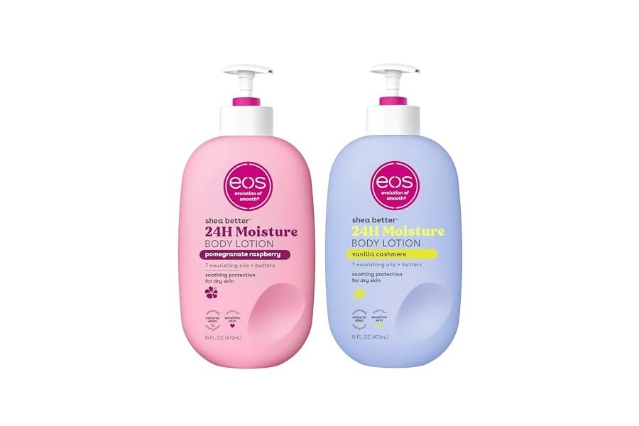 Loción corporal EOS Shea Better Body Lotion - Vainilla, cachemira y granada y frambuesa, 16 onzas líquidas (paquete de 2)